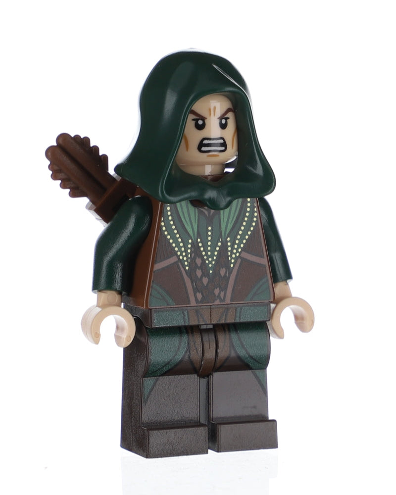 LEGO elf minifigure with a hooded outfit and bow on a white background