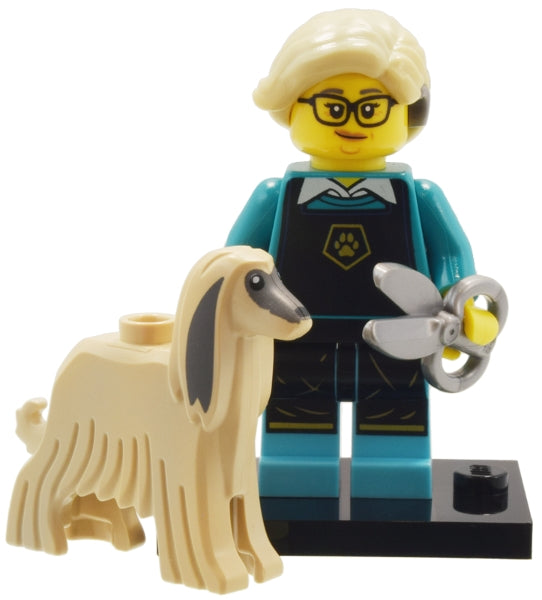 LEGO minifigure collectible from Series 25, Pet Groomer, with a dog figure, standing on a black base.