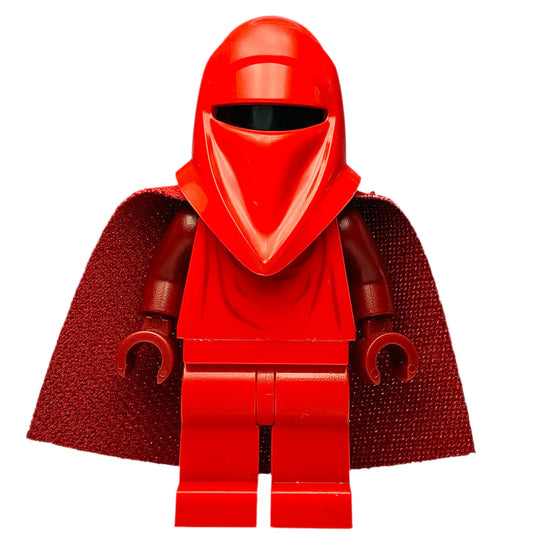 Red LEGO minifigure with a hood and cape on a white background