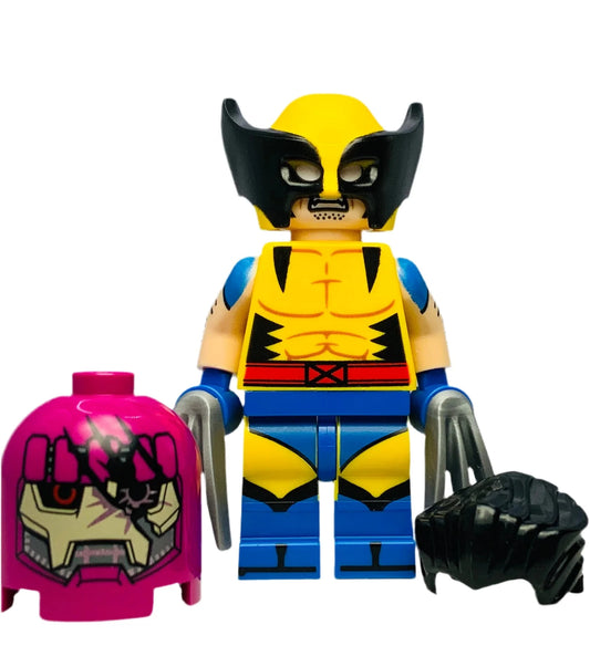 LEGO figure of superhero Wolverine in yellow and blue costume with a pink head piece of Sentinel with claw marks