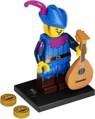LEGO minifigure from the Collectibles Series 22, Troubardour costume with a blue jacket, purple shirt, and holding a guitar-like instrument. There are 2 gold coins on the floor by his feet