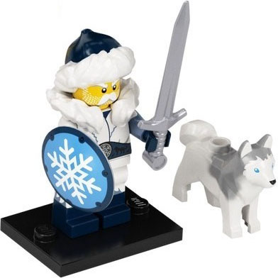 LEGO minifigure collectible from Series 22, Snow Guardian, with a shield and sword, accompanied by a LEGO minifigure of a husky dog.