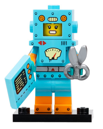 A LEGO minifigure with a blue and orange cardboard-themed robot torso holding a pair of scissors and a computer tablet.