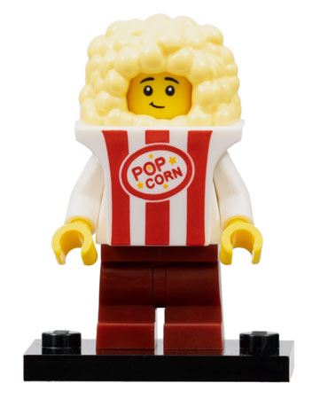 LEGO minifigure wearing a popcorn costume with a red and white striped shirt, brown pants, and a yellow fluffy outfit.
