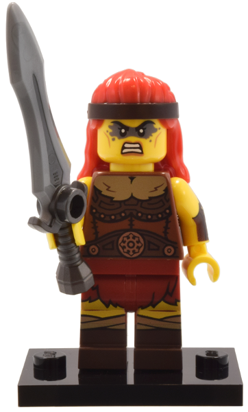LEGO minifigure from Series 25, Fierce Barbarian, with a red helmet and brown armor, holding a black sword.