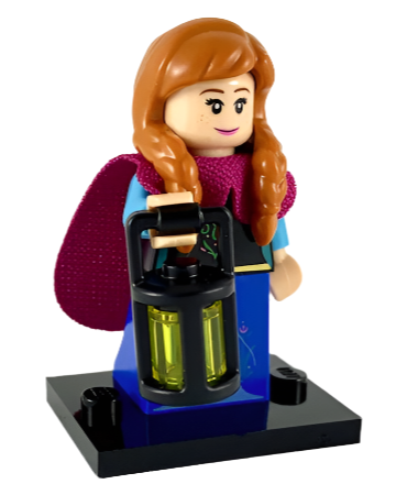 LEGO minifigure of Disney's Anna from the movie Frozen, with red hair and a purple outfit, holding a lantern. standing on a black base.