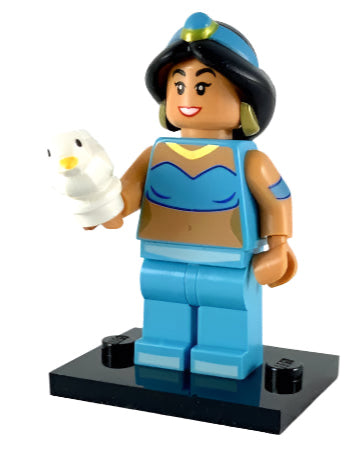 LEGO minifigure of Disney's Jasmine character from the movie Aladdin, wearing a blue outfit and holding a small bird.