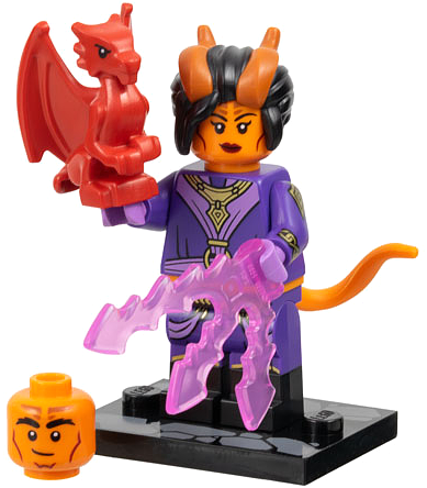 LEGO minifigure representing a Tiefling Sorcerer with a purple staff and red dragon figure, on a black base and a spare head. 