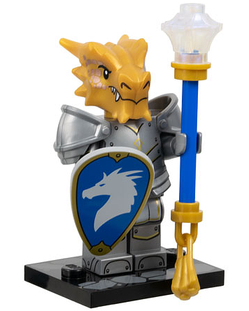 LEGO Dungeons & Dragons Minifigure depicting a Dragonborn Paladin with a silver armor, blue shield, yellow dragon head, and holding a staff with a blue top.