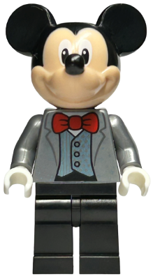 LEGO Disney Minifigure of Mickey Mouse wearing a flat silver tuxedo jacket with a red bow tie.