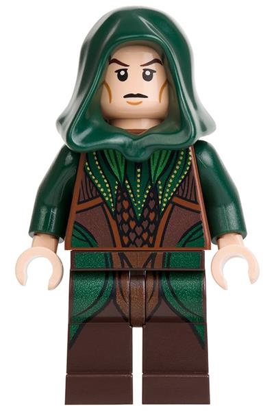 LEGO minifigure with green hood and brown outfit on a white background
