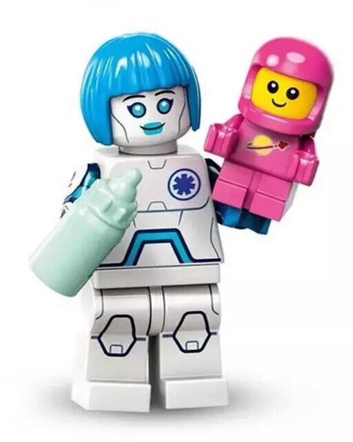 Two LEGO figures, one in a white and blue futuristic nurse outfit with a baby bottle, the other a small baby in a pink outfit with a space symbol, on a white background.